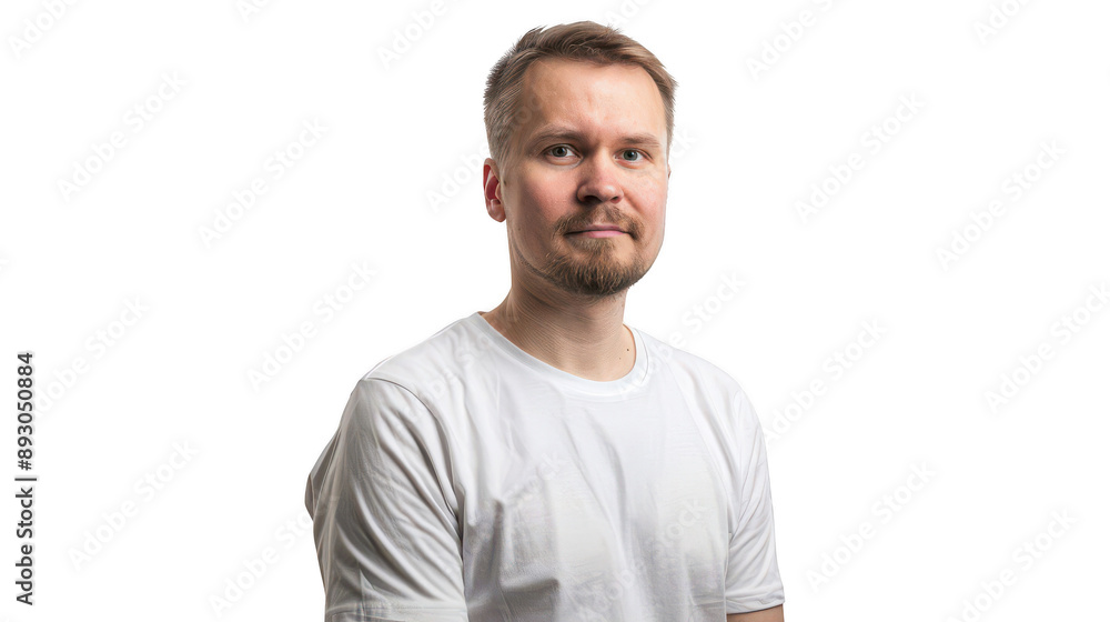 Half body portrait of a creative Finnish game developer in his 30s in a white T-shirt Half body portrait of a creative Finnish game developer in his 30s in a white T-shirt