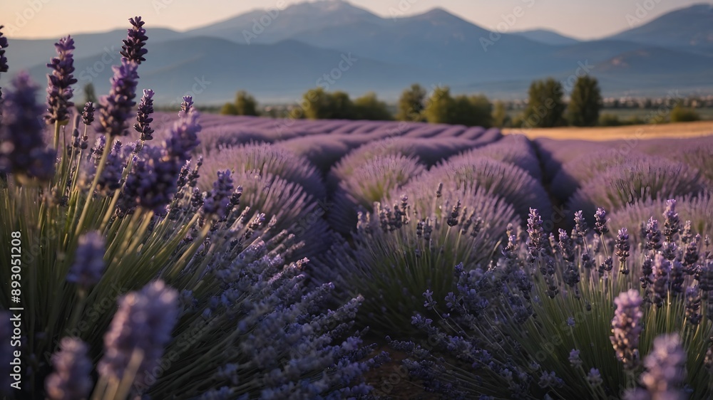 Beautiful big lavender field with mountains in the background. Ai Generative. Beautiful big lavender field with mountains in the background. Ai Generative.