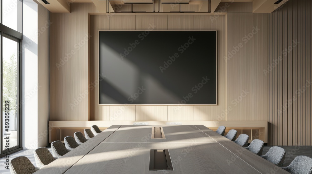 Interior view of office meeting room conference table with blank whiteboard mockup Interior view of office meeting room conference table with blank whiteboard mockup