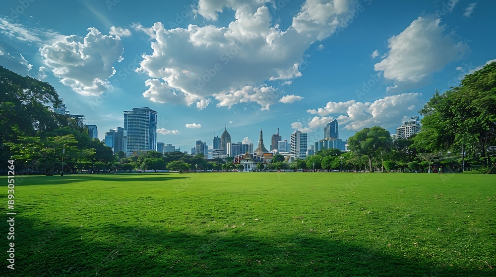 grassland green field with trees and buildings temple and grand palace in blue skyBangkok thailand : Generative AI grassland green field with trees and buildings temple and grand palace in blue skyBangkok thailand : Generative AI