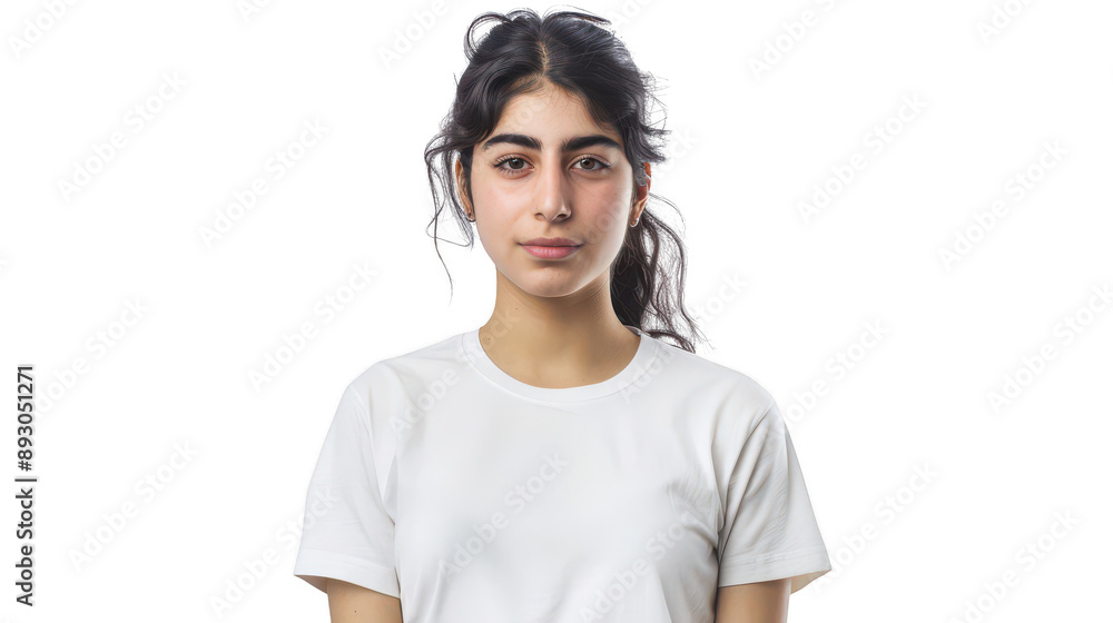 Half body portrait of a determined Syrian refugee student in her 20s in a white T-shirt Half body portrait of a determined Syrian refugee student in her 20s in a white T-shirt