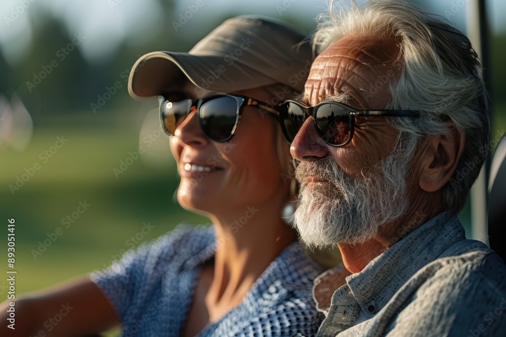 Happy senior couple enjoying retirement by playing golf on a sunny day Happy senior couple enjoying retirement by playing golf on a sunny day