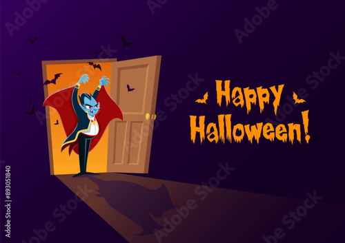 Cartoon Dracula character for Happy Halloween banner with scary bats, vector background. Halloween holiday and trick or treat party Dracula in opened door with vampire bat shadow on floor