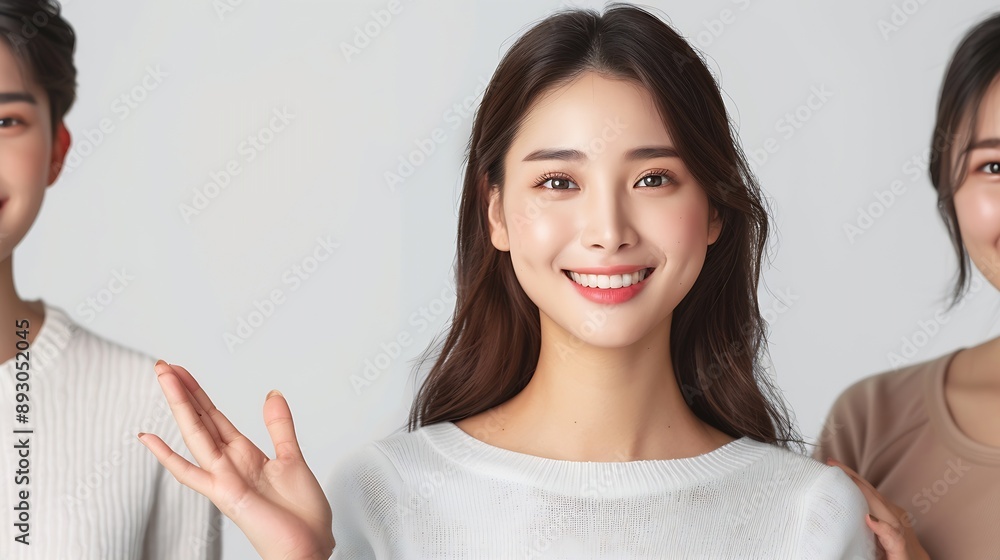 Happy young Asian woman presenting or showing open hand palm with copy space for product isolated on white background : Generative AI Happy young Asian woman presenting or showing open hand palm with copy space for product isolated on white background : Generative AI