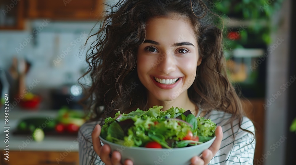 Young happy attractive Latino woman eat green salad in kitchen at home Beautiful girl feel joyful and enjoy eating vegetables healthy foods to diet and lose weight for health care well : Generative AI Young happy attractive Latino woman eat green salad in kitchen at home Beautiful girl feel joyful and enjoy eating vegetables healthy foods to diet and lose weight for health care well : Generative AI