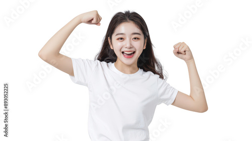 Half body portrait of an enthusiastic Korean K-pop dancer in her teens in a white T-shirt