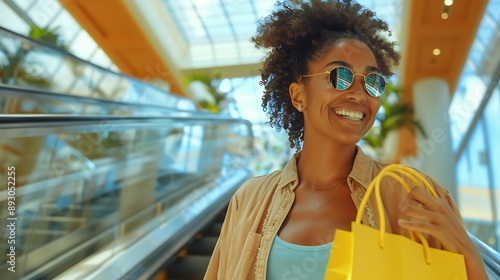 A woman is happily smiling while carrying a shopping bag and riding an escalator in a Miami mall : Generative AI photo