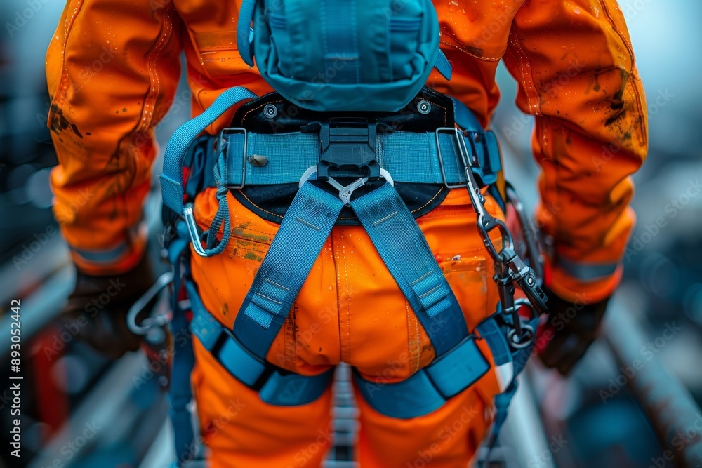 Workers in safety harnesses high above, ensuring safety with attachments against blurred sky Workers in safety harnesses high above, ensuring safety with attachments against blurred sky