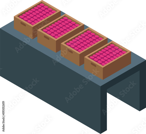 Conveyor belt carrying crates full of apples in food processing plant