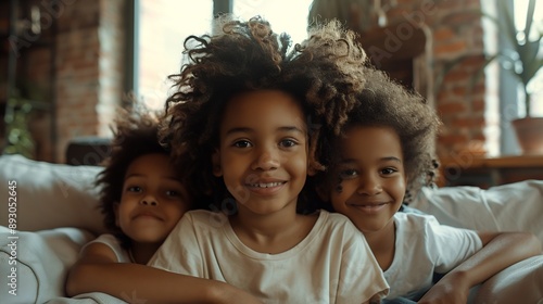 Funny African American children enjoying fooling around with their mother sitting on sofa at home Concept of childhood motherhood family fun : Generative AI