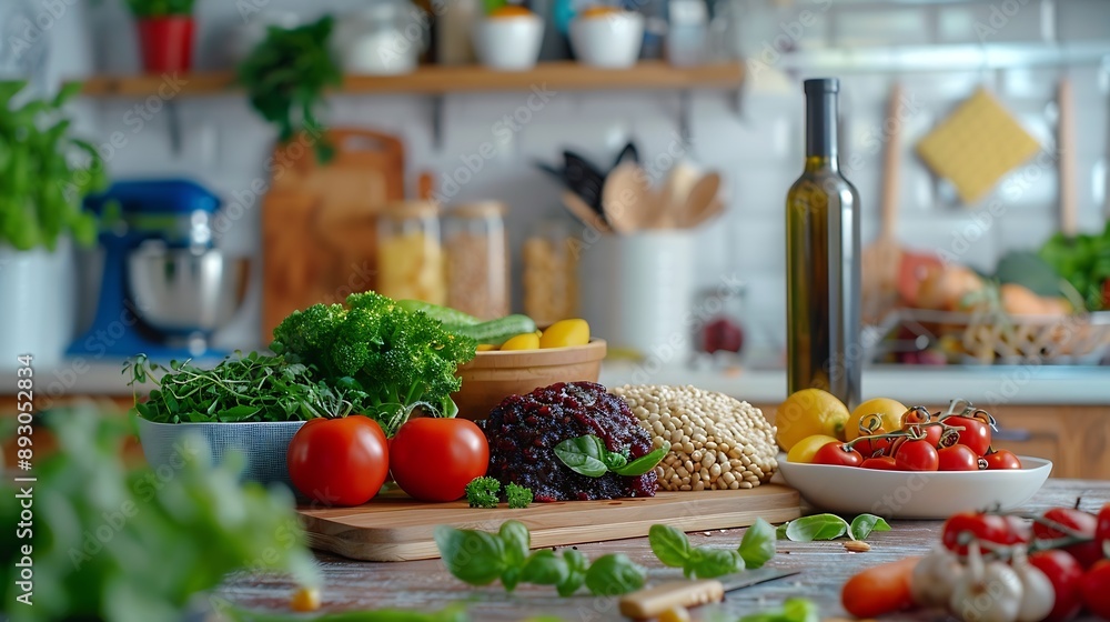 Different products on wooden table in kitchen Healthy food and balanced diet : Generative AI Different products on wooden table in kitchen Healthy food and balanced diet : Generative AI