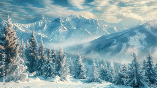 Snow mountains evergreen landscape panorama view