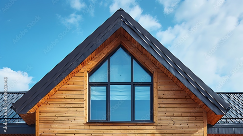 Wooden plank gabled roof on a new modern house with window copy space : Generative AI Wooden plank gabled roof on a new modern house with window copy space : Generative AI