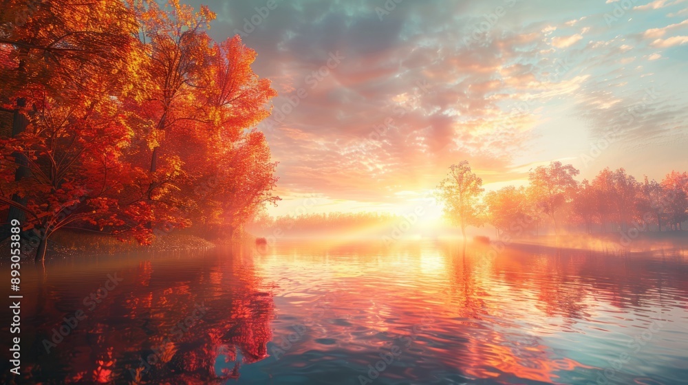 side view of Colorful foliage trees in beautiful lake water at sunrise side view of Colorful foliage trees in beautiful lake water at sunrise