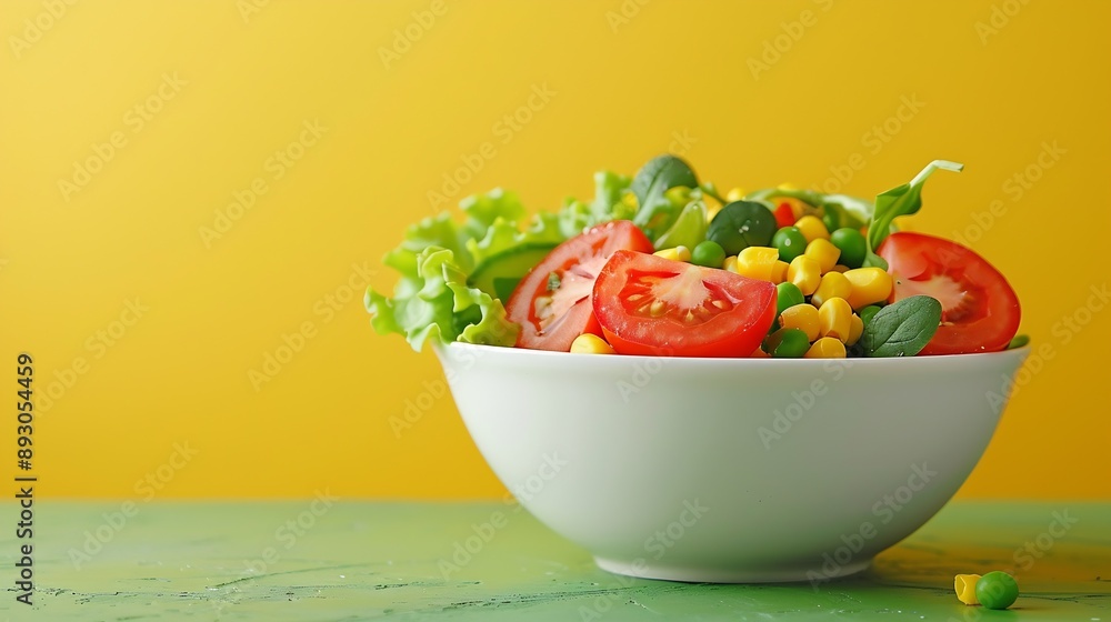 Salad bowl with slices of tomato spinach leaves corn kernels and peas placed on green surface against yellow wall : Generative AI Salad bowl with slices of tomato spinach leaves corn kernels and peas placed on green surface against yellow wall : Generative AI