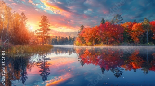 side view of Colorful foliage trees in beautiful lake water at sunrise © uut