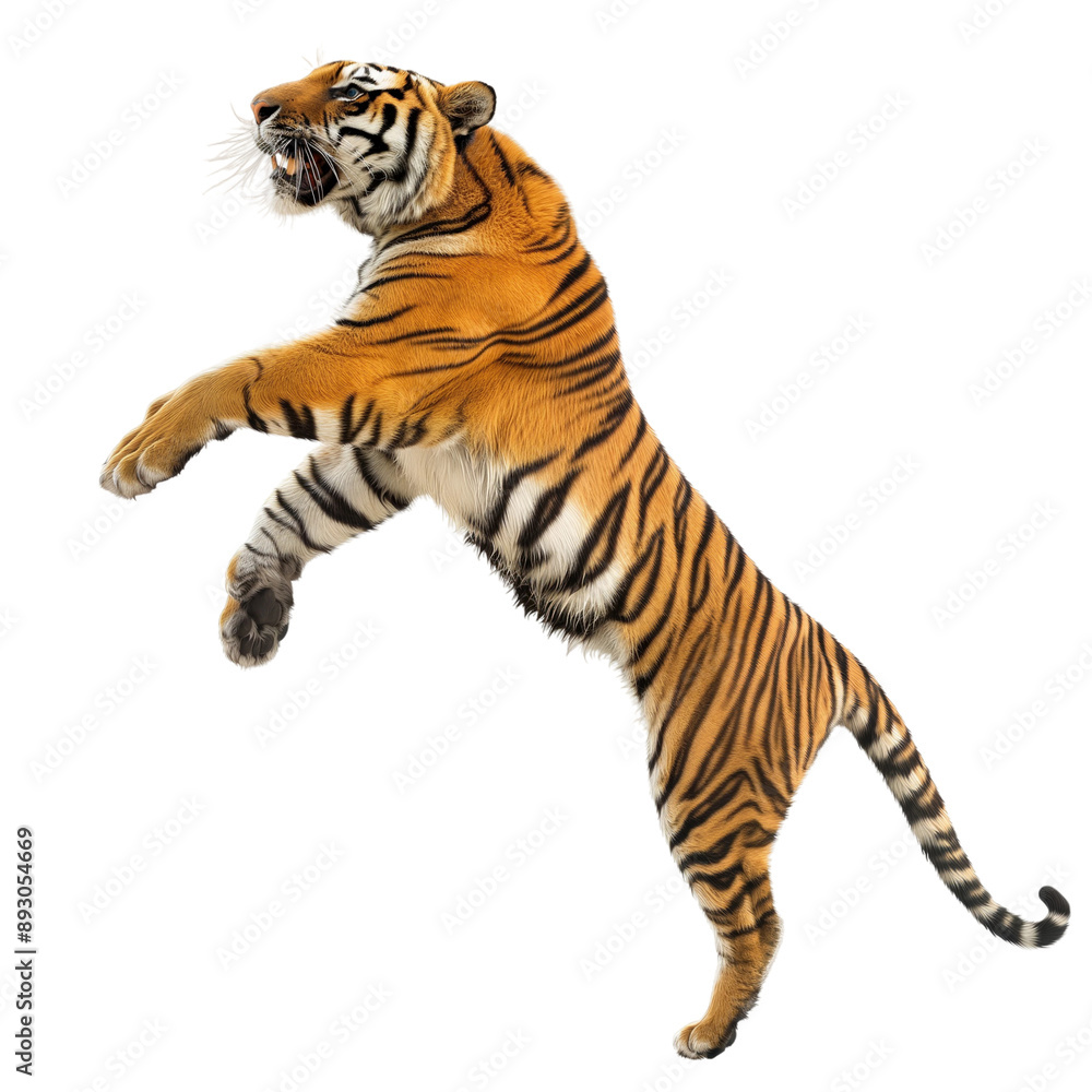 Obraz premium Tiger in a dynamic pose, isolated on white or transparent background, png clipart, design element.