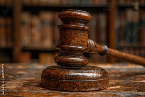 Judge s gavel resting on wooden desk against library background for legal concept