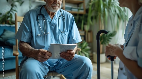 Senior man nurse and tablet for diagnosis in home healthcare and talking on recovery treatment Caregiver consulting and old person with disability cane and planning for medical rehabil : Generative AI photo