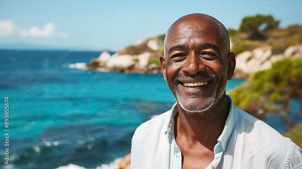 Cropped image of smiling african american bald senior man against scenic view of sea and clear sky Copy space summer portrait unaltered lifestyle vacation retirement enjoyment and natu : Generative AI Cropped image of smiling african american bald senior man against scenic view of sea and clear sky Copy space summer portrait unaltered lifestyle vacation retirement enjoyment and natu : Generative AI