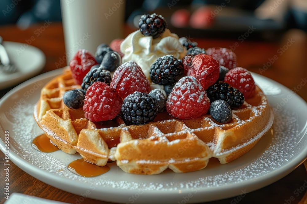 Delicious Belgian Waffle with Fresh Berries, Whipped Cream, and Maple Syrup on White Plate Delicious Belgian Waffle with Fresh Berries, Whipped Cream, and Maple Syrup on White Plate