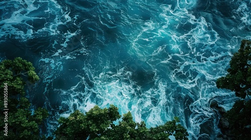 Close-up view of the blue sea with green trees and waves on the beach