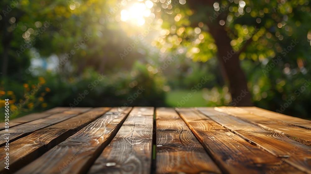 Empty rustic wooden texture of old wood table top blur against green park with defocused sunlight blurred foliage backyard background Display mock up montage your product design key vi : Generative AI Empty rustic wooden texture of old wood table top blur against green park with defocused sunlight blurred foliage backyard background Display mock up montage your product design key vi : Generative AI