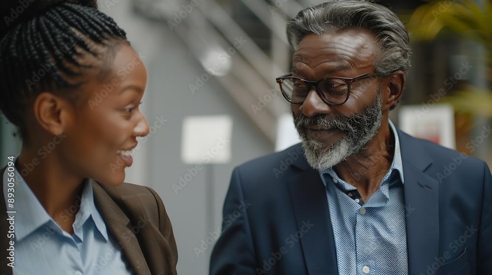 Mature businessman discussing work with black manager Confident business man working with african american woman showing data on digital tablet Smiling professional business people wor : Generative AI Mature businessman discussing work with black manager Confident business man working with african american woman showing data on digital tablet Smiling professional business people wor : Generative AI