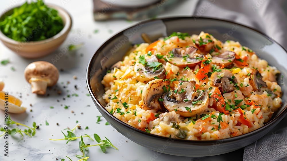 Gourmet Mushroom Shellfish Risotto on White Marble Tabletop Surface : Generative AI Gourmet Mushroom Shellfish Risotto on White Marble Tabletop Surface : Generative AI