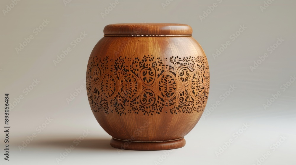 A Wooden Vase Sitting on a Table With a Pattern Carved Into the Side of the Vase - Generative AI A Wooden Vase Sitting on a Table With a Pattern Carved Into the Side of the Vase - Generative AI