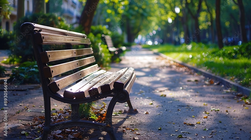 Empty park bench on a sidewalk urban setting : Generative AI Empty park bench on a sidewalk urban setting : Generative AI