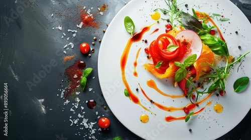 Creative food plating with sauces forming artistic swirls photo