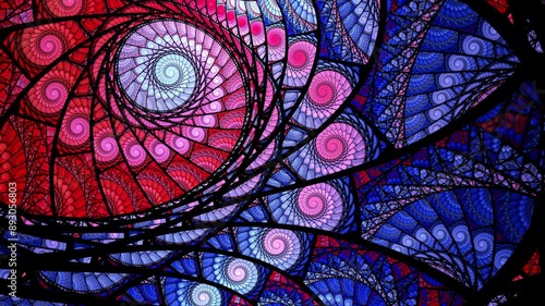 Abstract looping spiral fractal art background, like stained glass.