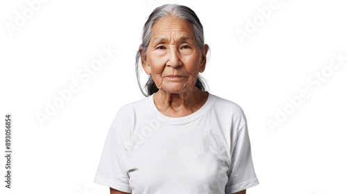 Half body portrait of a wise Native Alaskan elder in her 70s in a white T-shirt