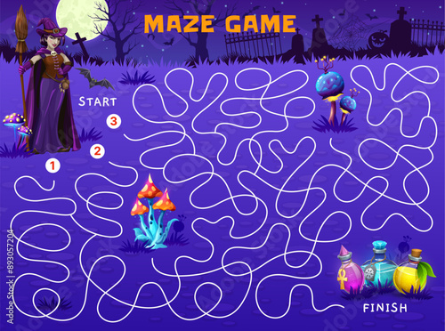 Halloween labyrinth maze game, help to witch find potion bottles on cemetery, vector puzzle worksheet. Kids cartoon quiz to help to witch find way to magic elixir potion vials on labyrinth maze