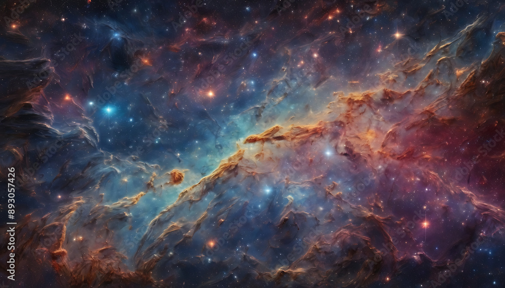 Obraz premium A visually captivating star map of a distant galaxy, featuring constellations, nebulae, and star clusters in a cosmic color palette.