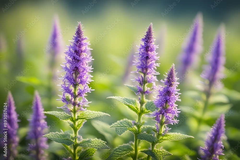 Fototapeta premium Anise hyssop field bokeh background, AI Generated