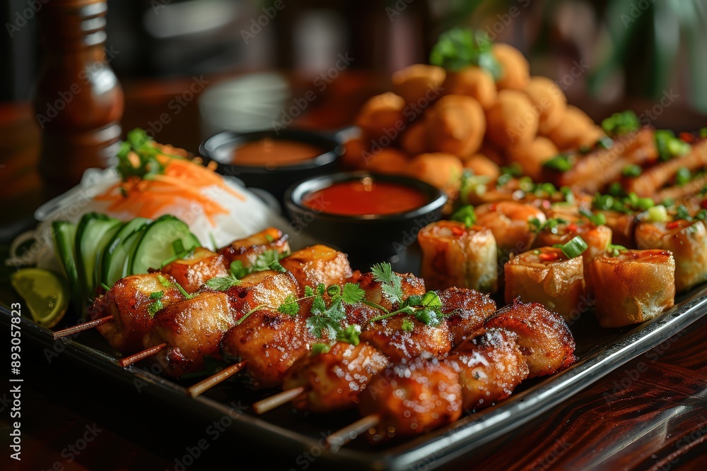 Exquisite Thai Appetizer Platter with Chicken Satay, Spring Rolls, and Shrimp Cakes Served with Dipping Sauces Exquisite Thai Appetizer Platter with Chicken Satay, Spring Rolls, and Shrimp Cakes Served with Dipping Sauces