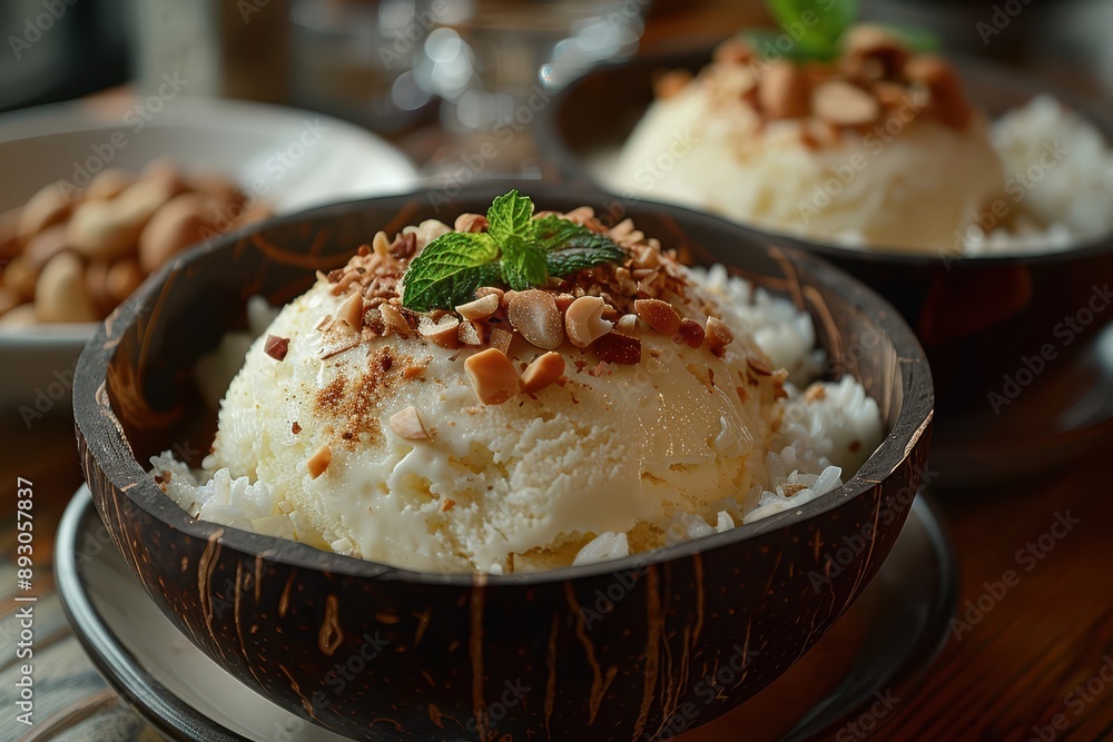 Delicious Thai Coconut Ice Cream Served in Coconut Shell with Roasted Peanuts and Sticky Rice Close-up Shot Delicious Thai Coconut Ice Cream Served in Coconut Shell with Roasted Peanuts and Sticky Rice Close-up Shot