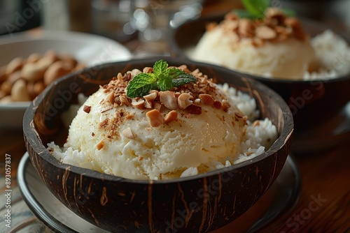 Delicious Thai Coconut Ice Cream Served in Coconut Shell with Roasted Peanuts and Sticky Rice Close-up Shot