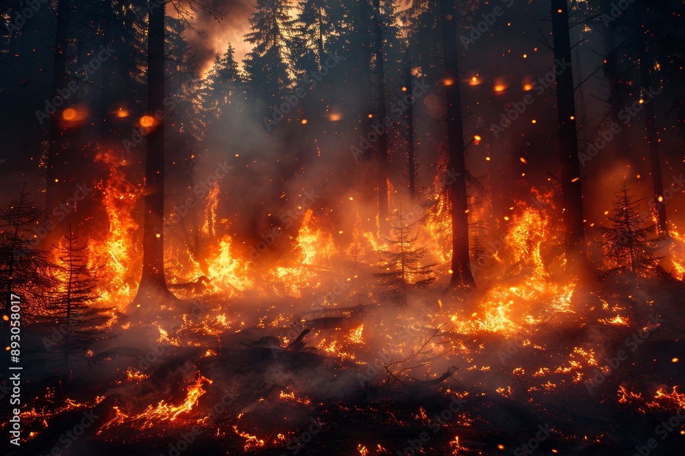 Devastating forest fire a dramatic scene of a raging wildfire engulfing the woodland Devastating forest fire a dramatic scene of a raging wildfire engulfing the woodland