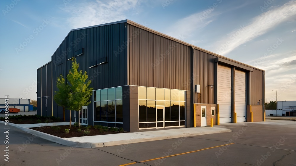Exterior of a modern warehouse with a small office unit. Exterior of a modern warehouse with a small office unit.