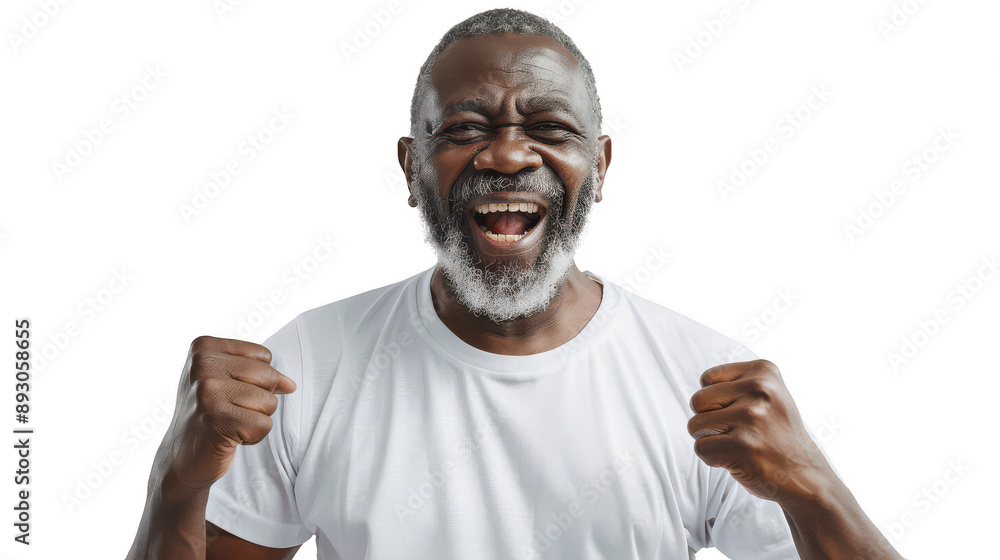 Half body portrait of an enthusiastic Nigerian soccer coach in his 50s in a white T-shirt Half body portrait of an enthusiastic Nigerian soccer coach in his 50s in a white T-shirt