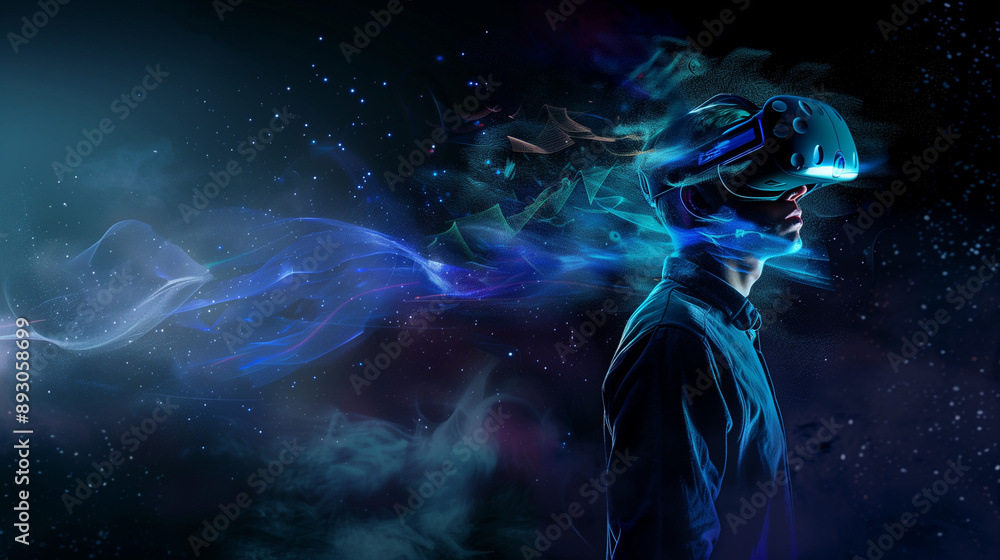 A man in VR headset poster with copy space - Fictional Person, Generative AI A man in VR headset poster with copy space - Fictional Person, Generative AI