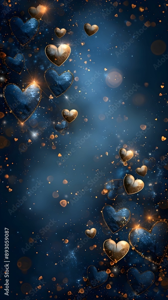 A close up of a dark tone heart with same color tone background. The hearts are scattered throughout the image, creating a sense of depth and movement. The gold colors evoke a feeling of warmth