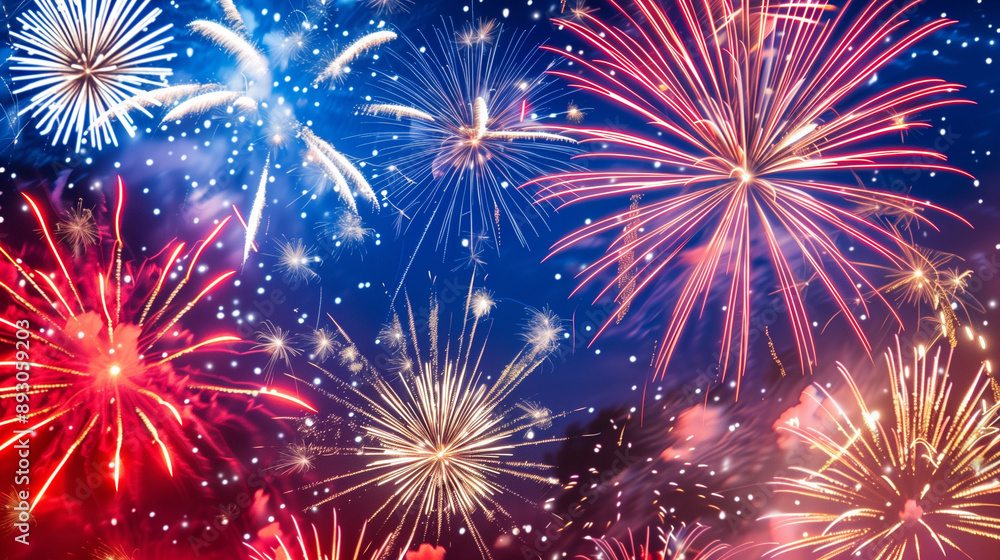 Naklejka premium American Holiday Fireworks – Vibrant Red, White, and Blue Night Sky Celebrations for Labor Day, Fourth of July, Memorial Day