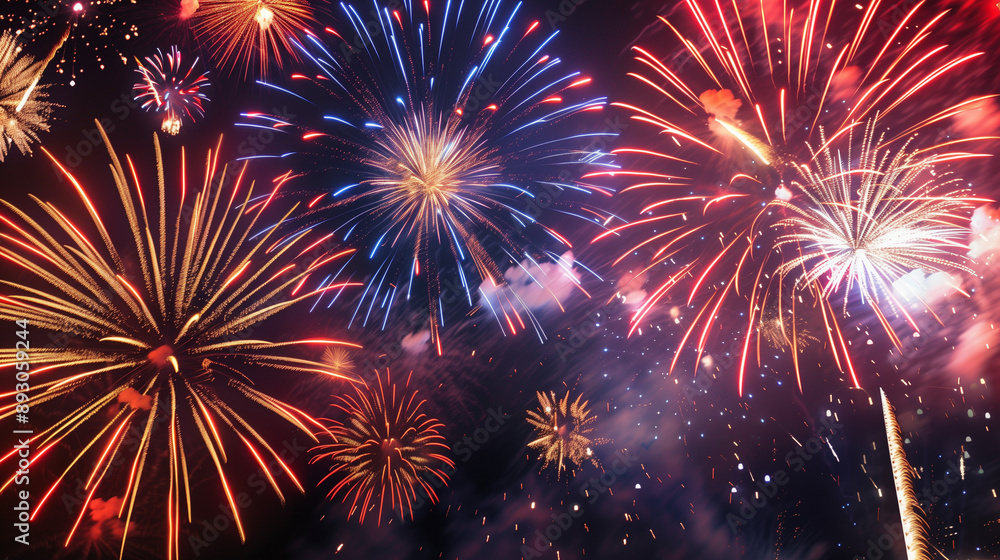 Naklejka premium American Holiday Fireworks – Vibrant Red, White, and Blue Night Sky Celebrations for Labor Day, Fourth of July, Memorial Day