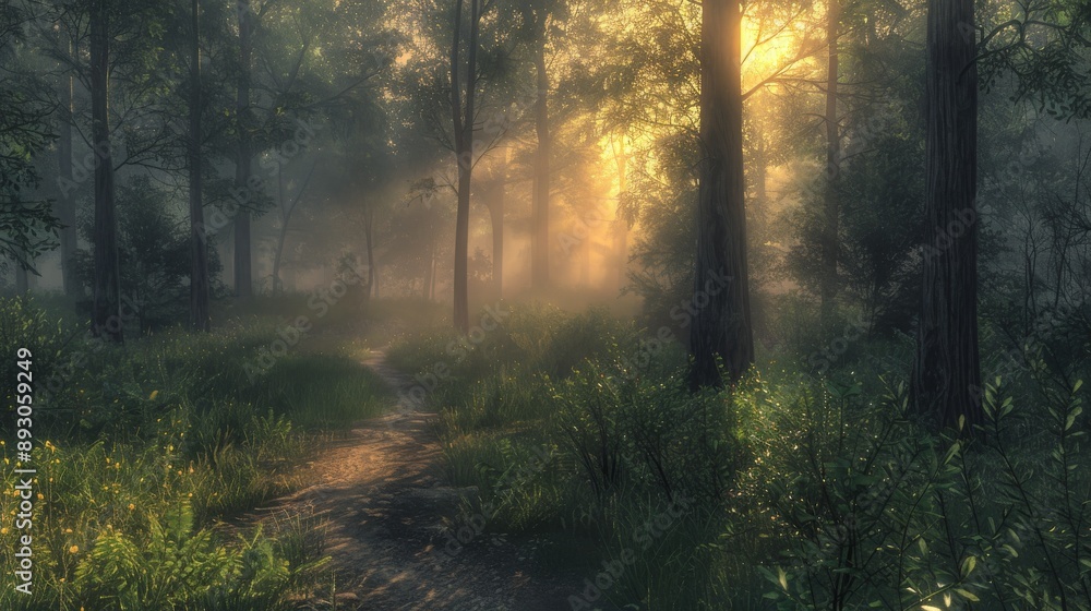 Fototapeta premium A Path Through a Forest Is Lit by the Sun Shining Through the Trees and Bushes - Generative AI