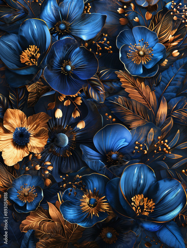 fractal flowers, dark gold and dark aquamarine