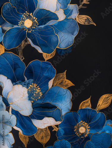 Close-up of Camellias, gilded, rich lacquer painting
